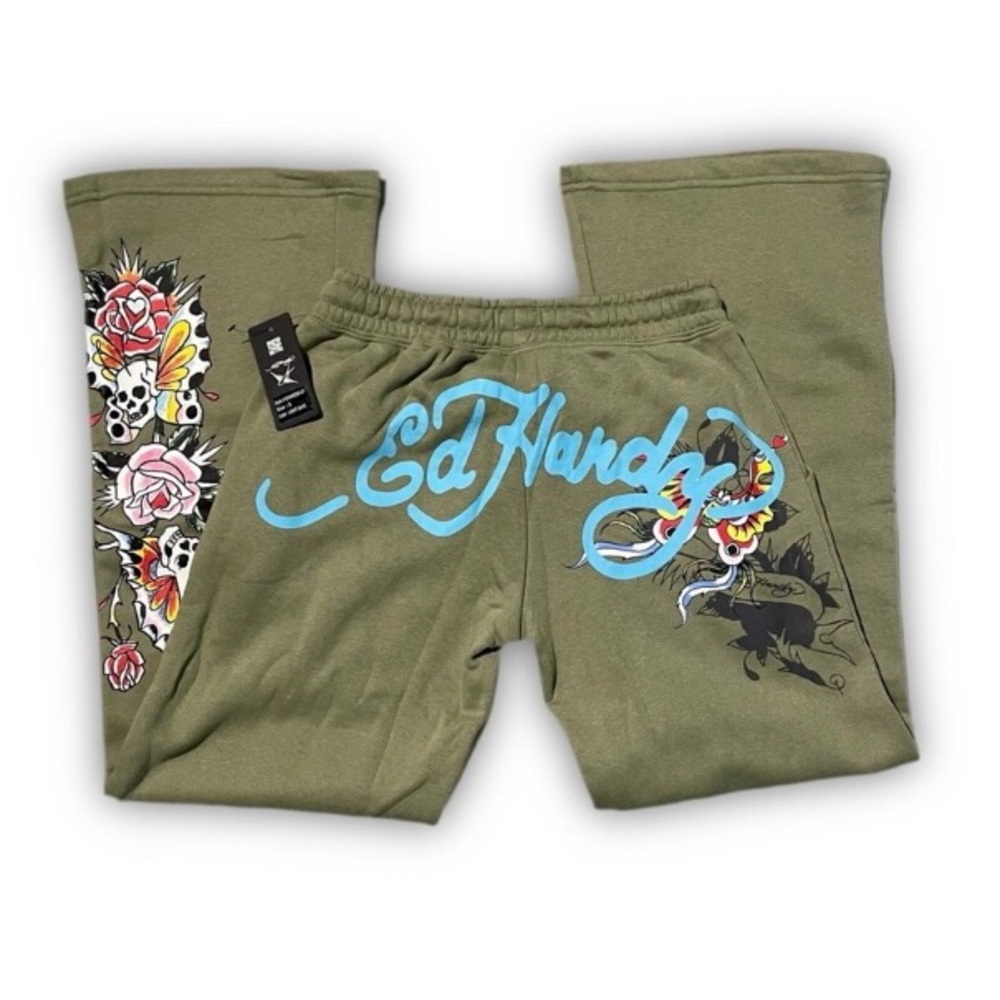 🌺Ed Hardy Sage Wide Leg Sweatpants Y2K Bird Tattoo Graphic - NWT